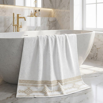3pk Embroidered Greek Key Bath Sheet Towel - White & Gold