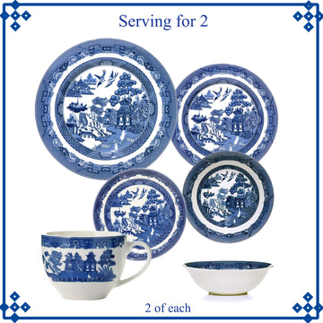 2-Serving Blue Willow Teacup Saucer Side Dish Cereal Bowl Dinner Plate Set