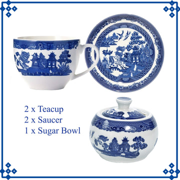 2-Pairs Blue Willow Teacup & Saucer Porcelain with Sugar Bowl