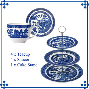 4-Pairs Blue Willow Teacup Saucer w/ Cake Stand