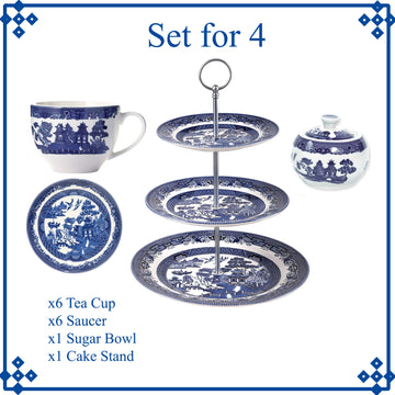 6-Set Willow Teacup & Saucer Porcelain Antique Sugar Bowl & Cake Stand