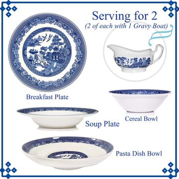 2-Serving Blue Willow Porcelain Salad Plate Dish Gravy Boat Pasta Bowl Set