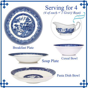 4-Serving Blue Willow Porcelain Salad Plate Dish Gravy Boat Pasta Bowl Set