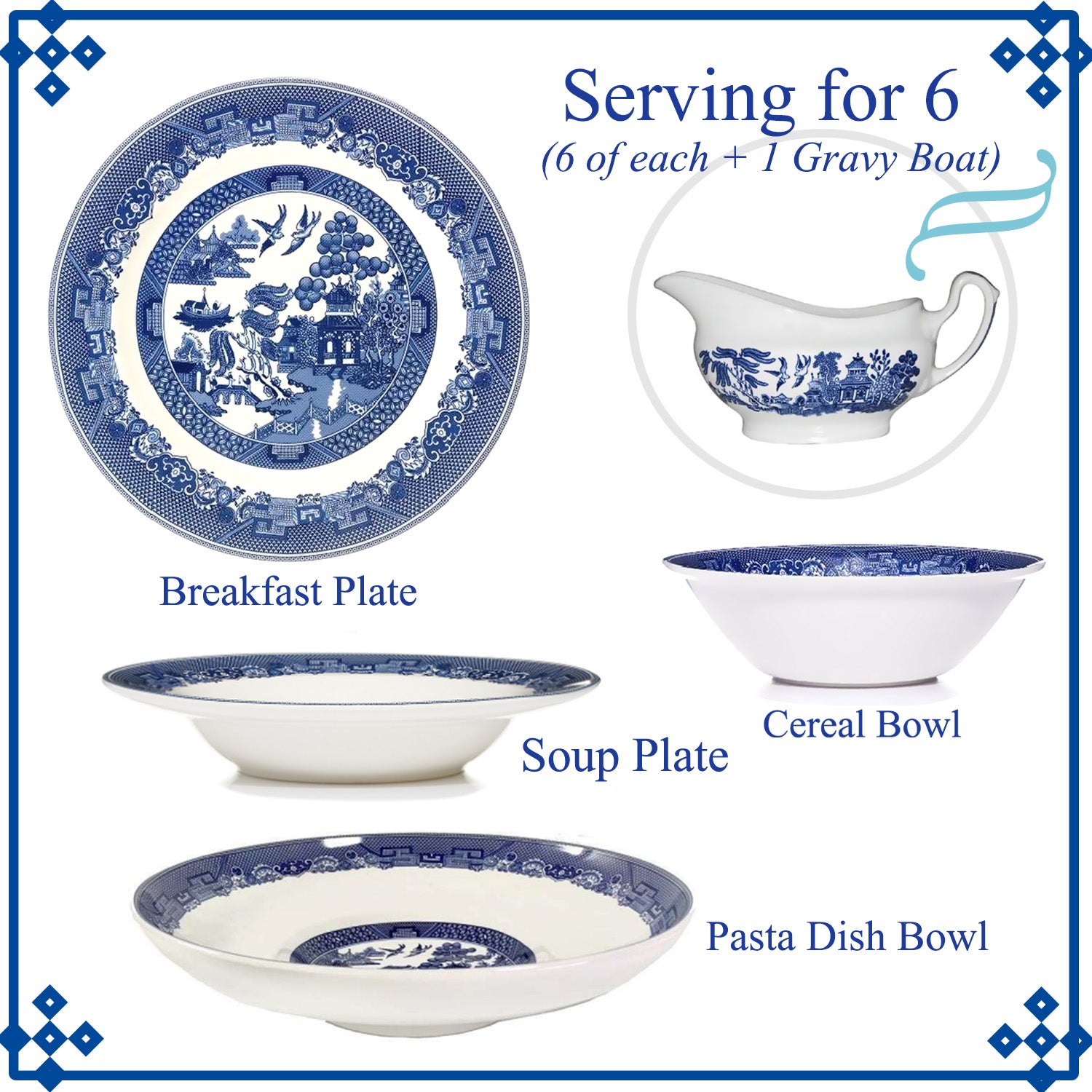 6-Serving Blue Willow Porcelain Salad Plate Dish Gravy Boat Pasta Bowl Set