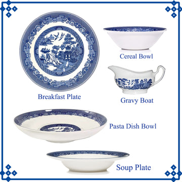 5pcs Willow Porcelain Salad Plate Dish Gravy Boat Pasta Bowl Set