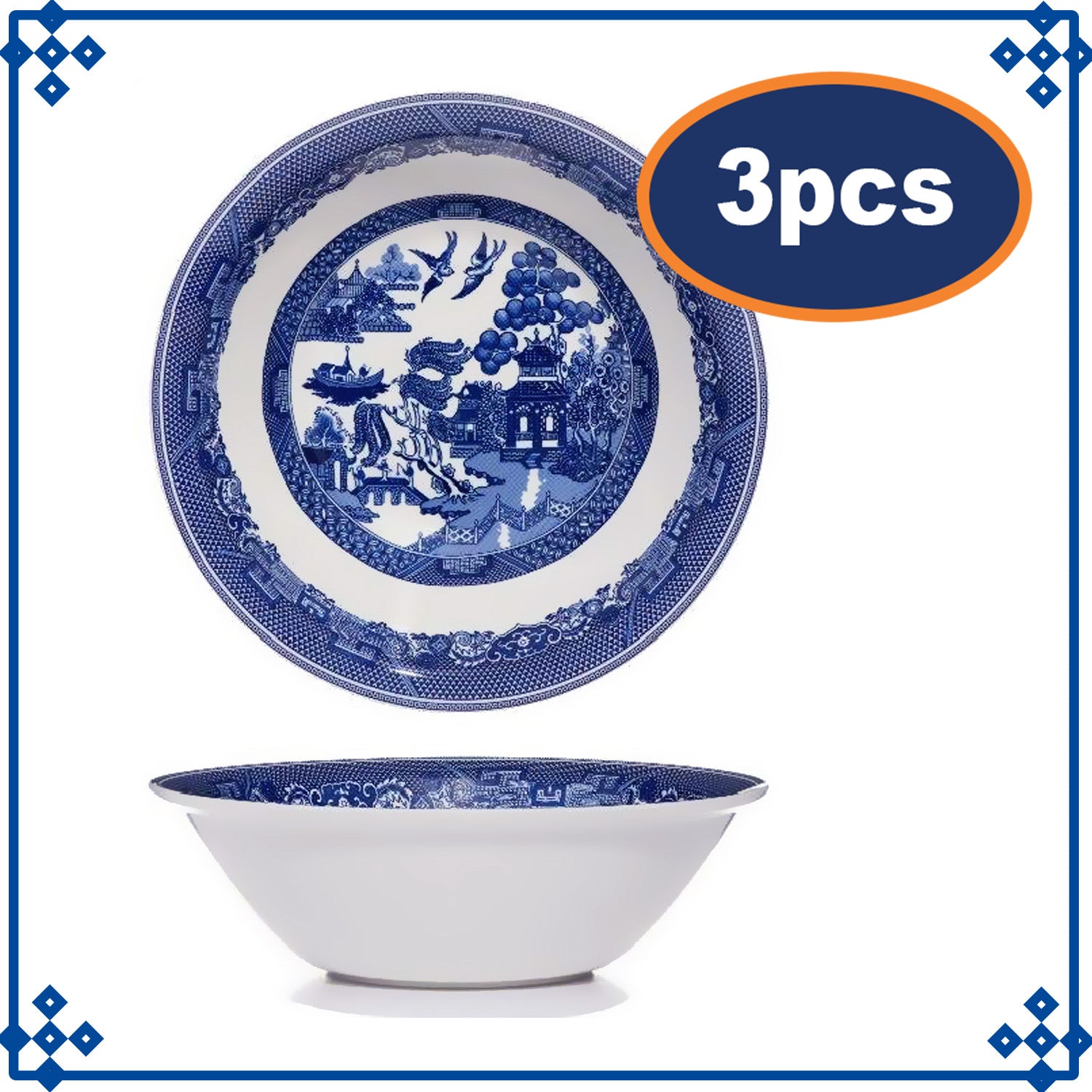 3pcs Blue Willow 18cm Cereal Bowl