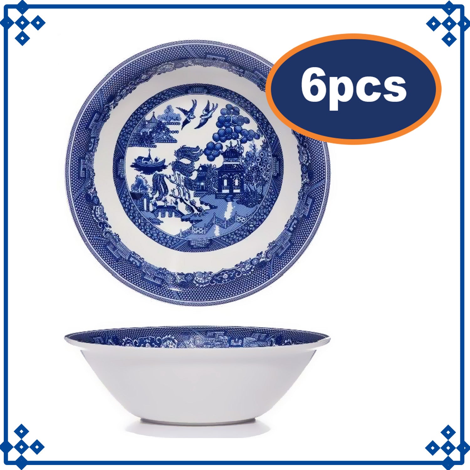 6pcs Blue Willow 18cm Cereal Bowl