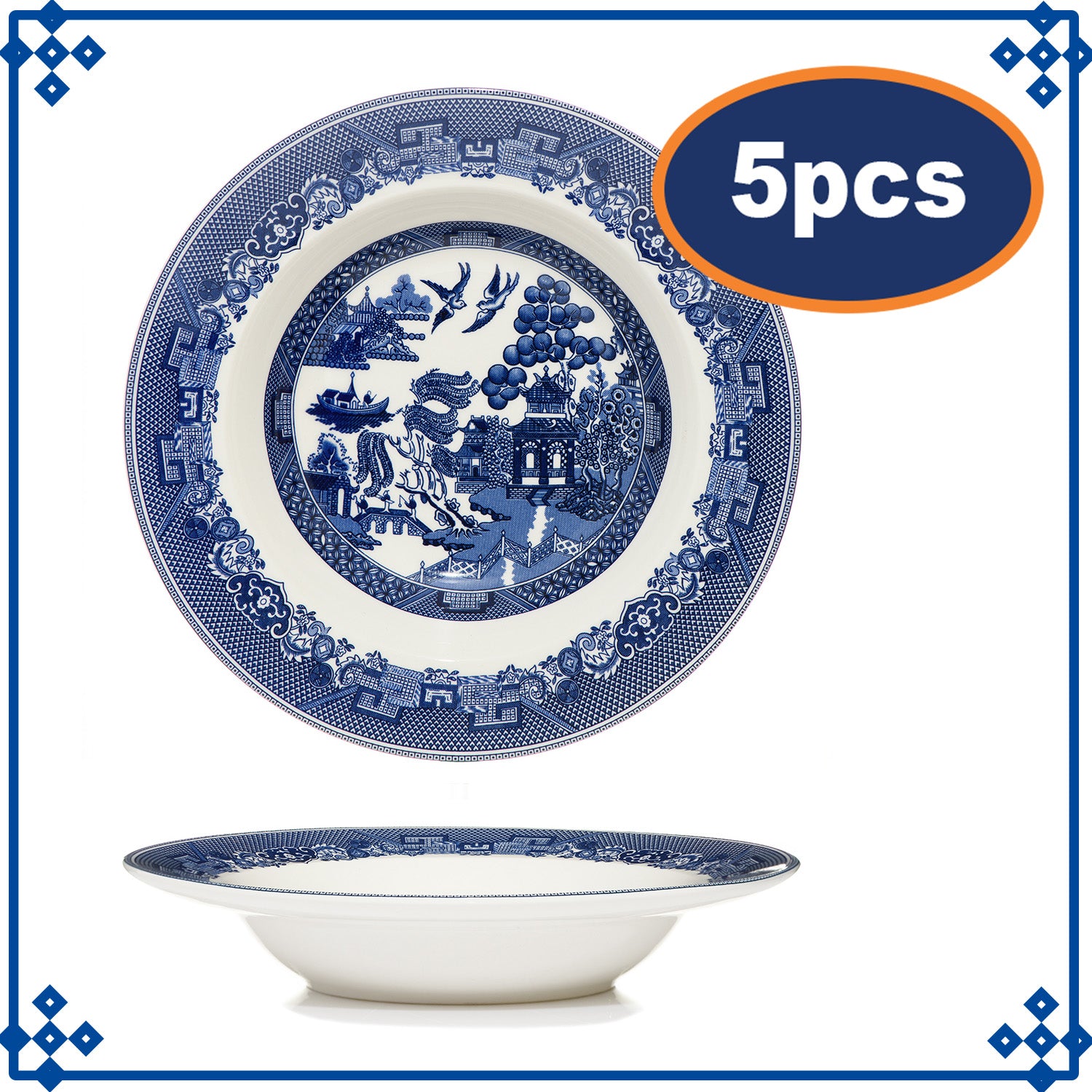 5pcs Blue Willow 22cm Soup Plate Salad Dish