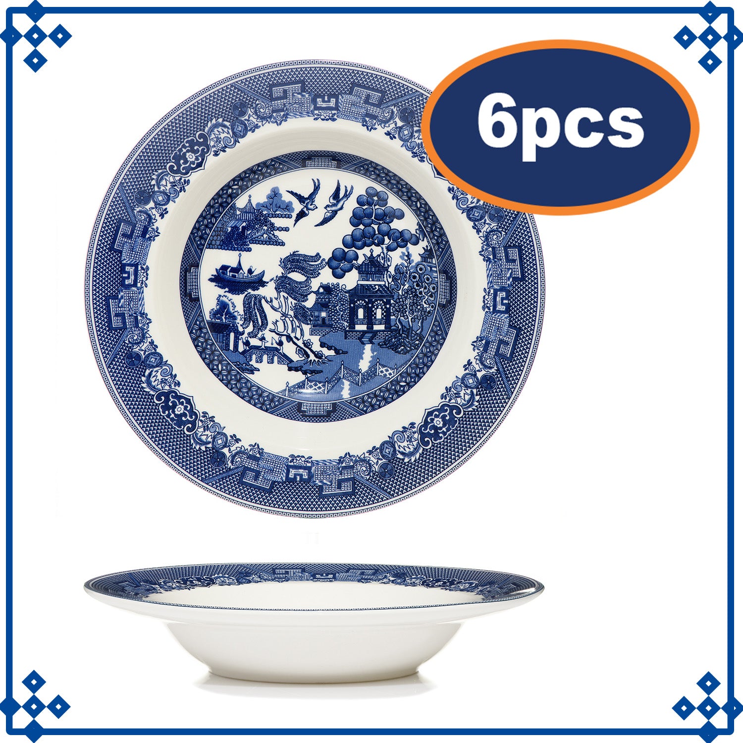 6pcs Blue Willow 22cm Soup Plate Salad Dish