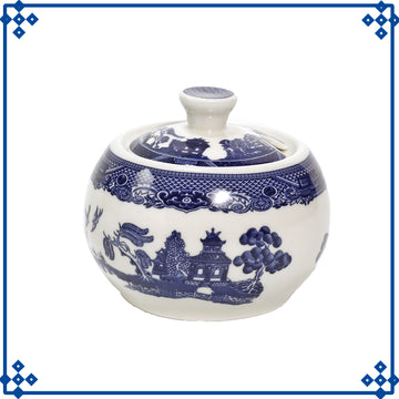 2pcs Willow Blue Porcelain Barrel Mugs & Antique Sugar Bowl