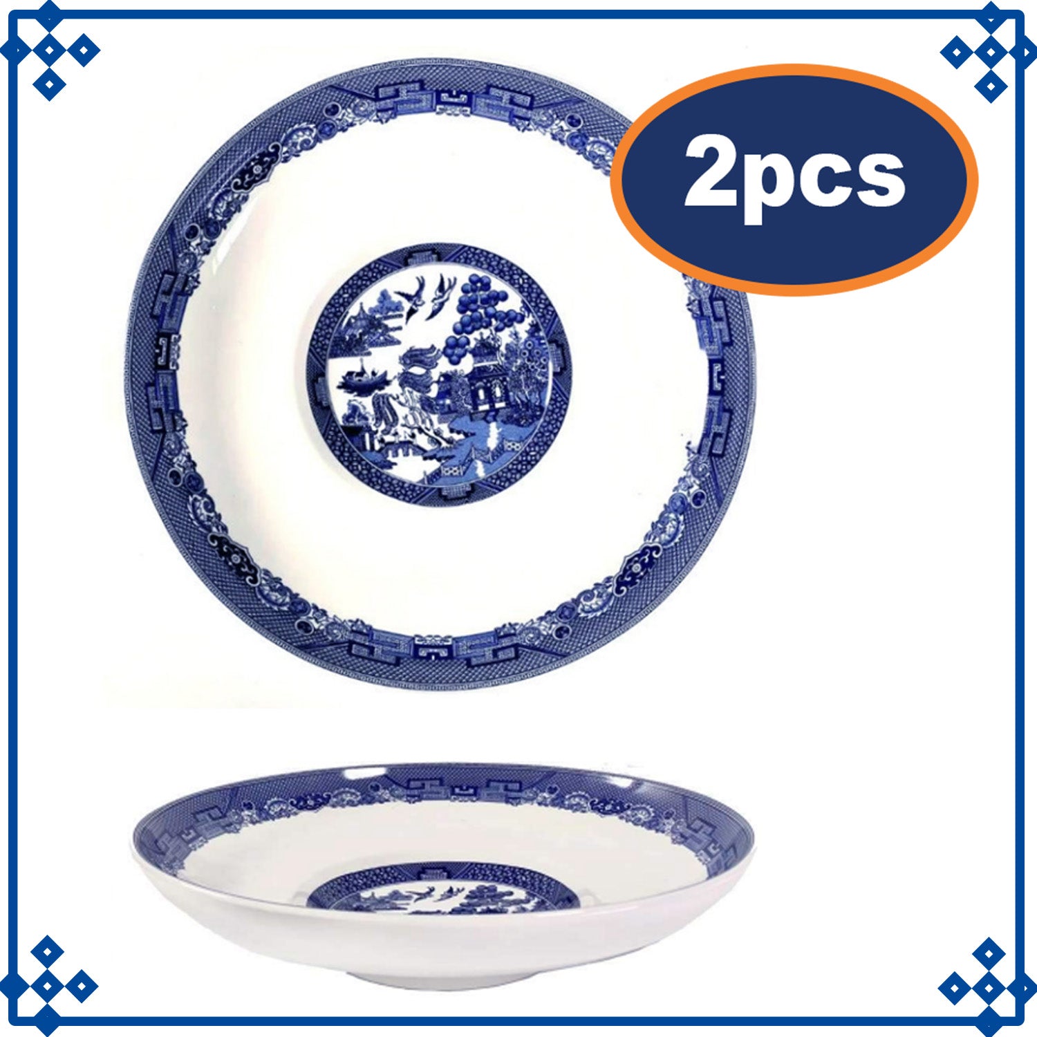 2pcs Blue Willow 28.5cm Pasta Bowl Plate