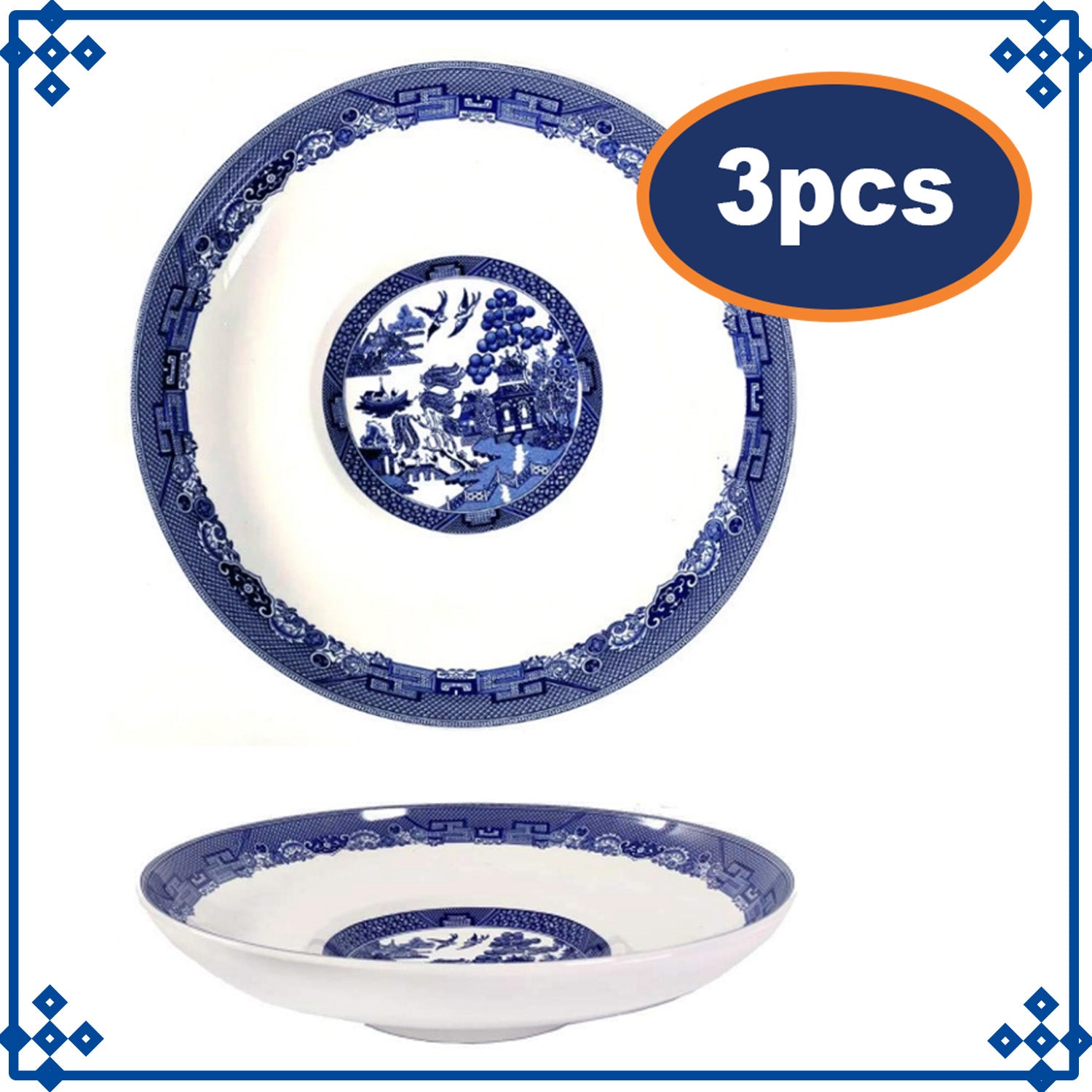 3pcs Blue Willow 28.5cm Pasta Bowl Plate