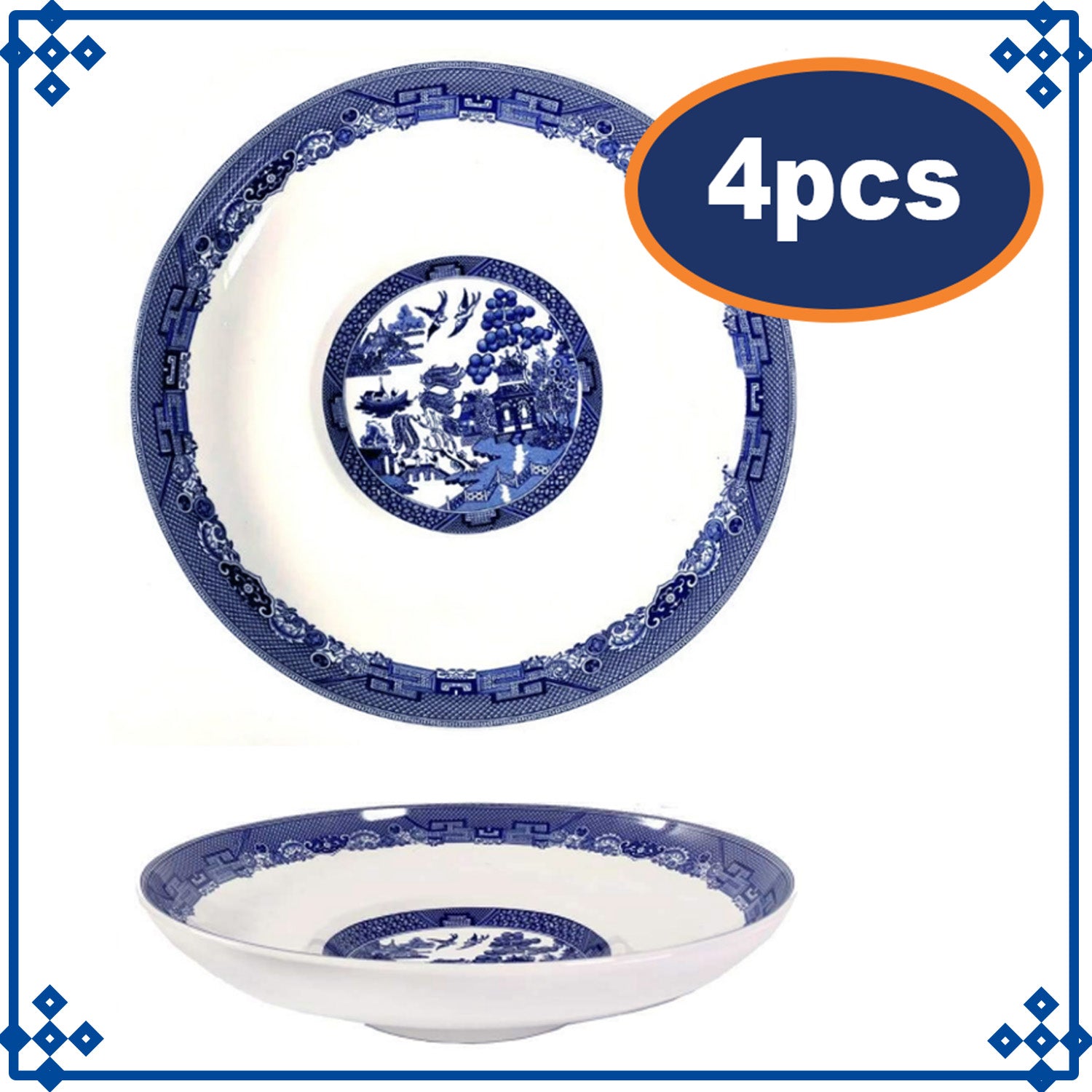 4pcs Blue Willow 28.5cm Pasta Bowl Plate