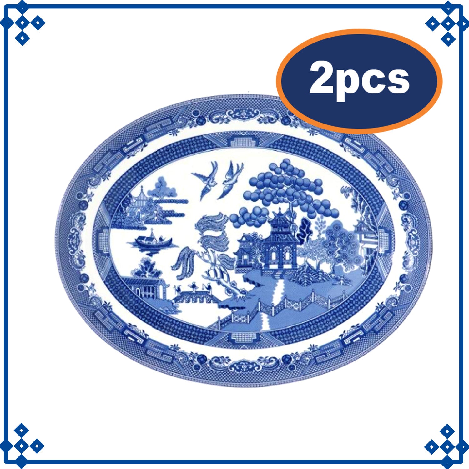 2-Set Ceramic Blue Willow 35cm Oval Platter