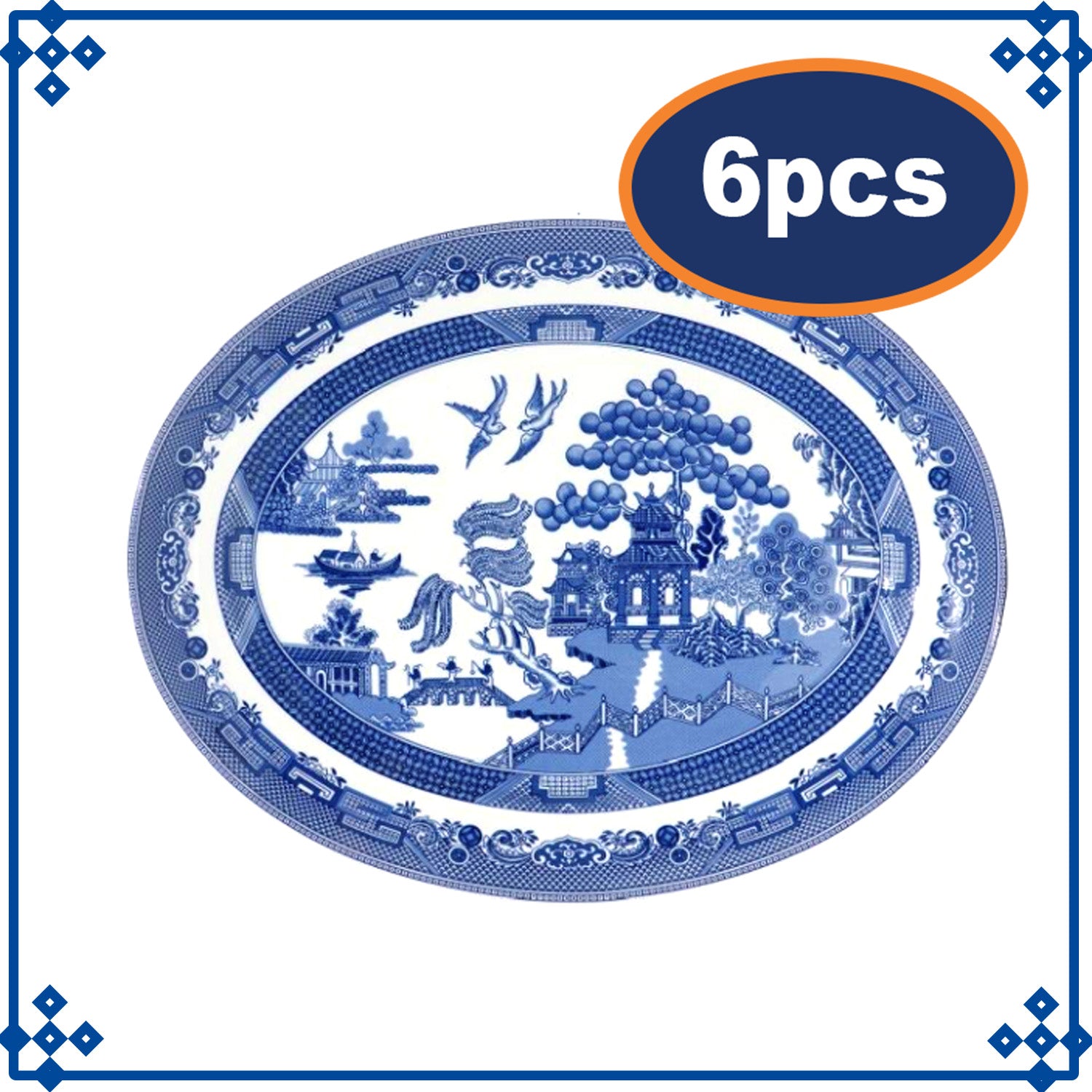 6-Set Ceramic Blue Willow 35cm Oval Platter