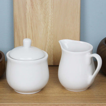 Milk Creamer Jug & Sugar Bowl Set White Porcelain