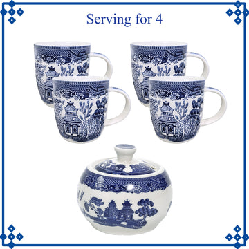 4pcs Willow Blue Porcelain Barrel Mugs & Antique Sugar Bowl