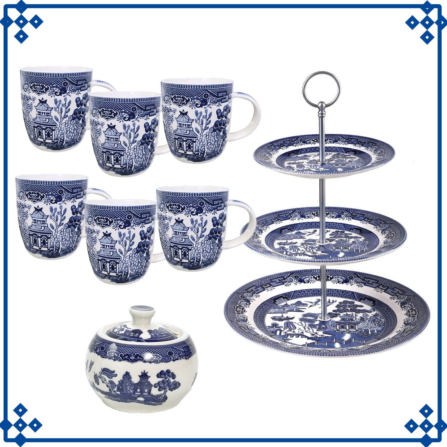 6pcs Willow Blue Porcelain Barrel Mugs & Antique Sugar Bowl Cake Stand
