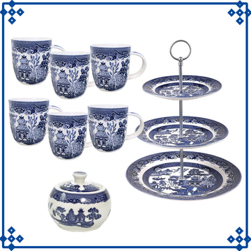 6pcs Willow Blue Porcelain Barrel Mugs & Antique Sugar Bowl Cake Stand