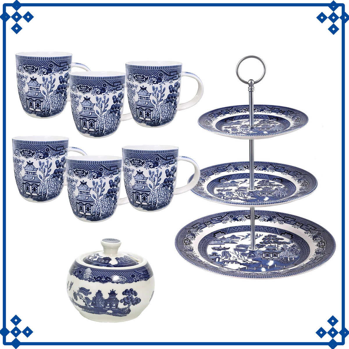 6pcs Willow Blue Porcelain Barrel Mugs & Antique Sugar Bowl Cake Stand