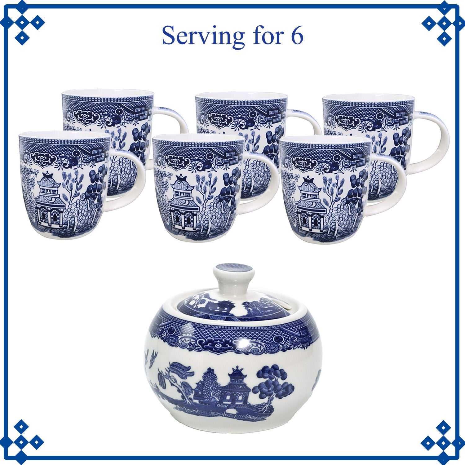 6pcs Willow Blue Porcelain Barrel Mugs & Antique Sugar Bowl