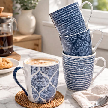 Blue 350ml Mugs Coffee Cups 4-Set Ceramic Design Geometric