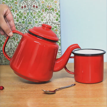 6pcs Falcon Red Black Rim 500ml Enamel Mugs & Teapot