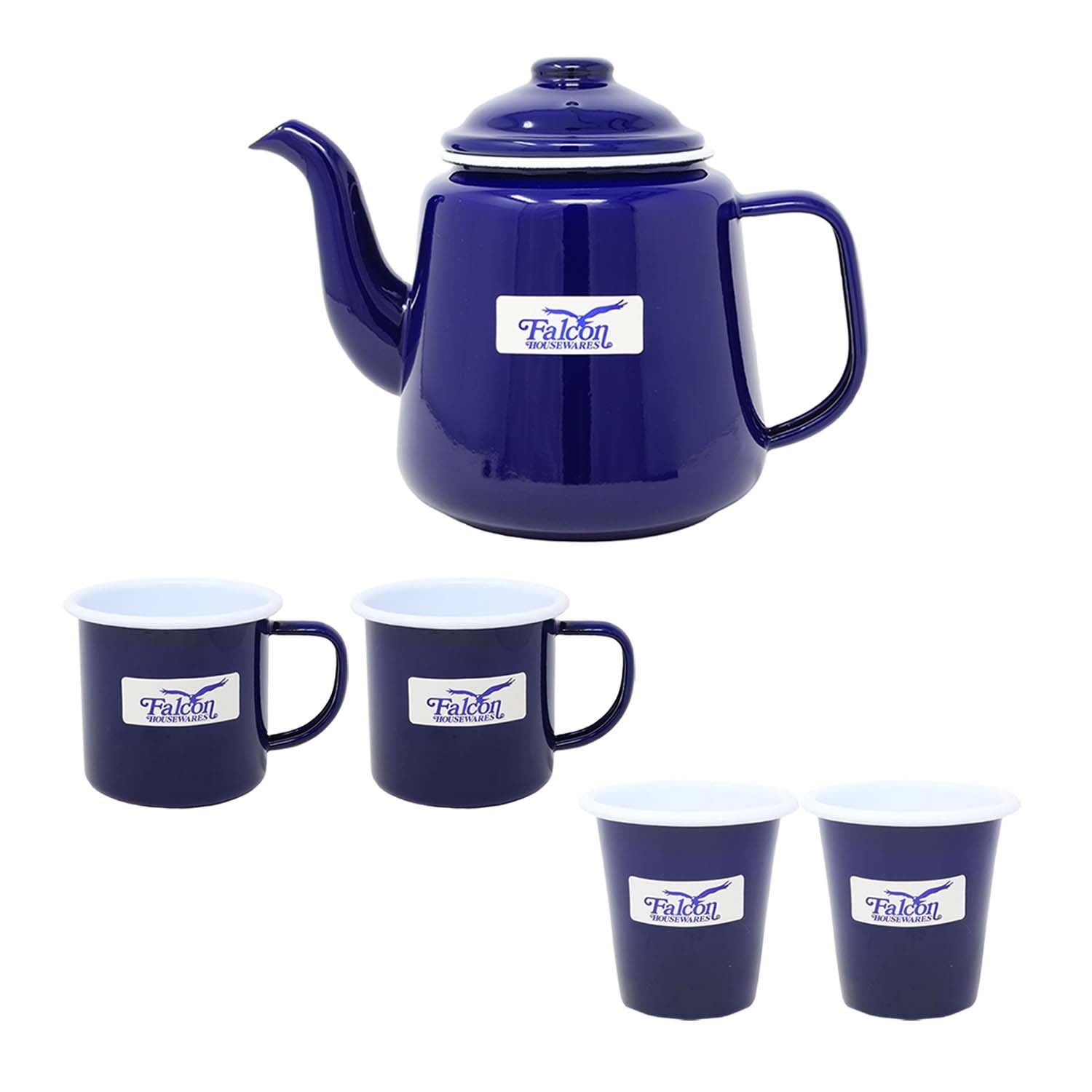 5pc Blue Enamel Steel White Rim Teapot Mug Tumbler Set