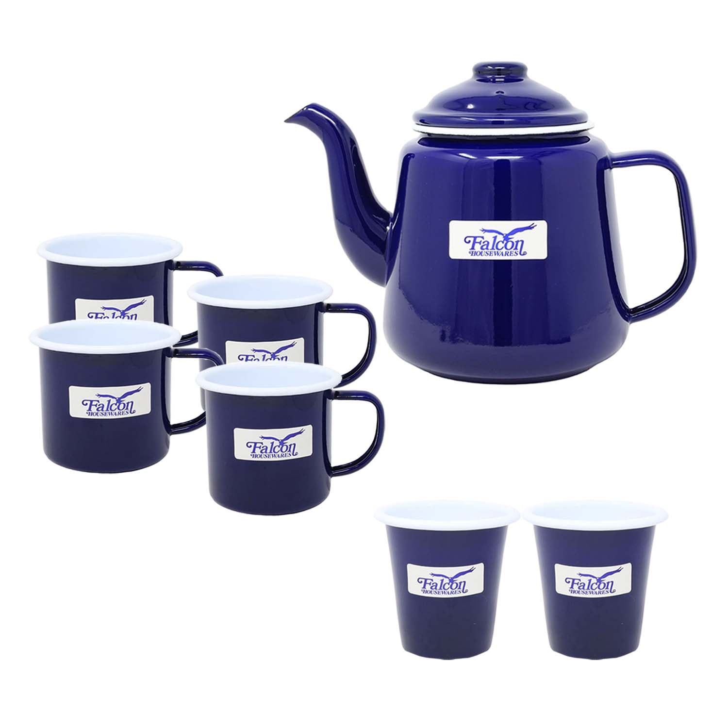 7pc Blue Enamel Steel White Rim Teapot Mug Tumbler Set