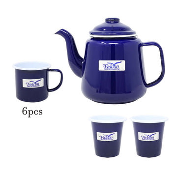 9pc Blue Enamel Steel White Rim Teapot Mug Tumbler Set