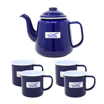 5pc Blue Enamel Steel White Rim Teapot & Mug Set