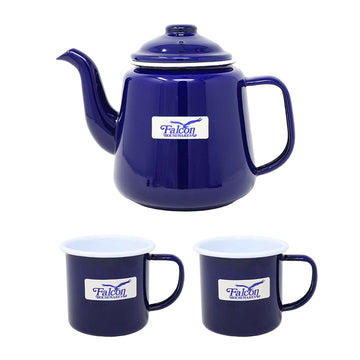 3pc Blue Enamel Steel White Rim Teapot & Mug Set