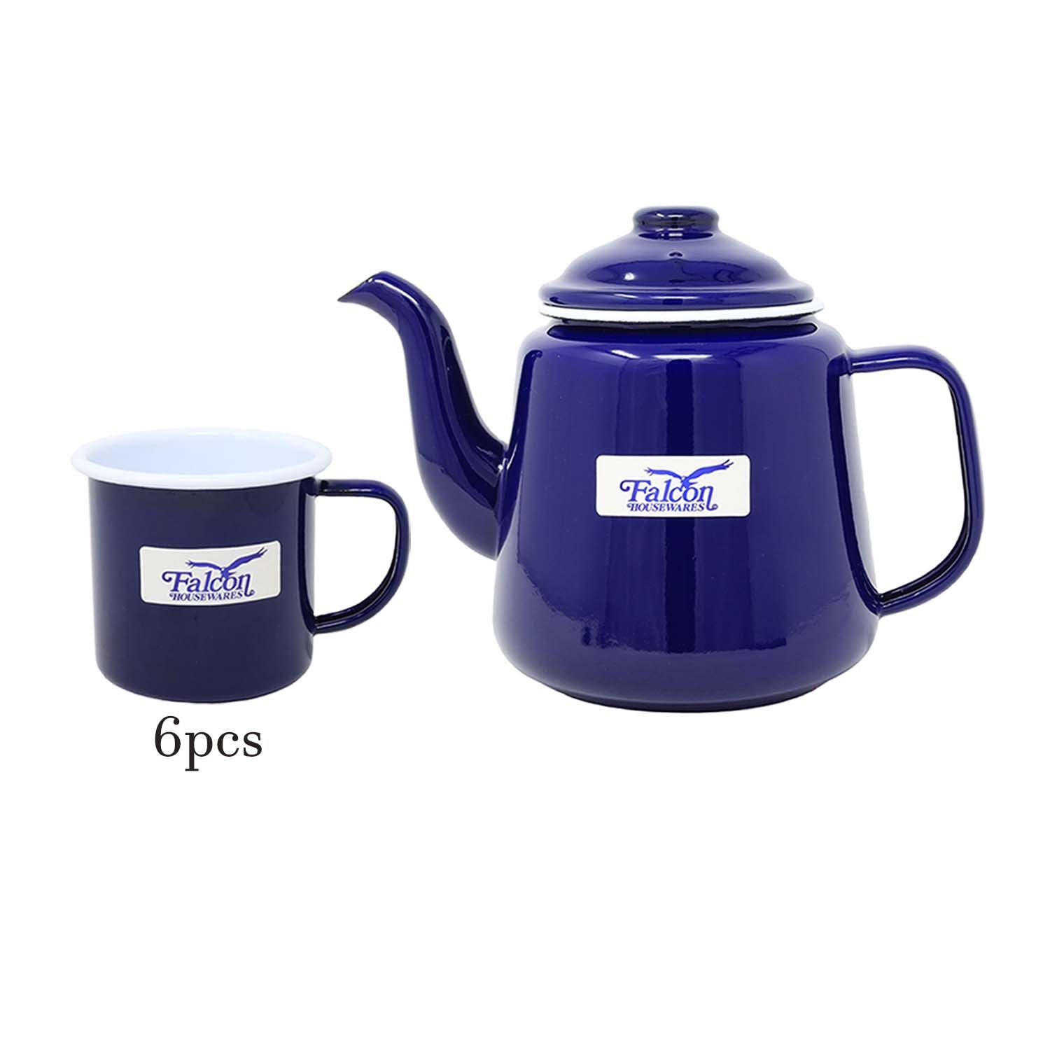 7pc Blue Enamel Steel White Rim Teapot & Mug Set