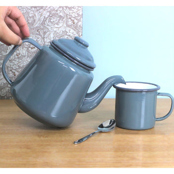 4pcs Falcon Grey Black Rim 350ml Enamel Mugs & Teapot