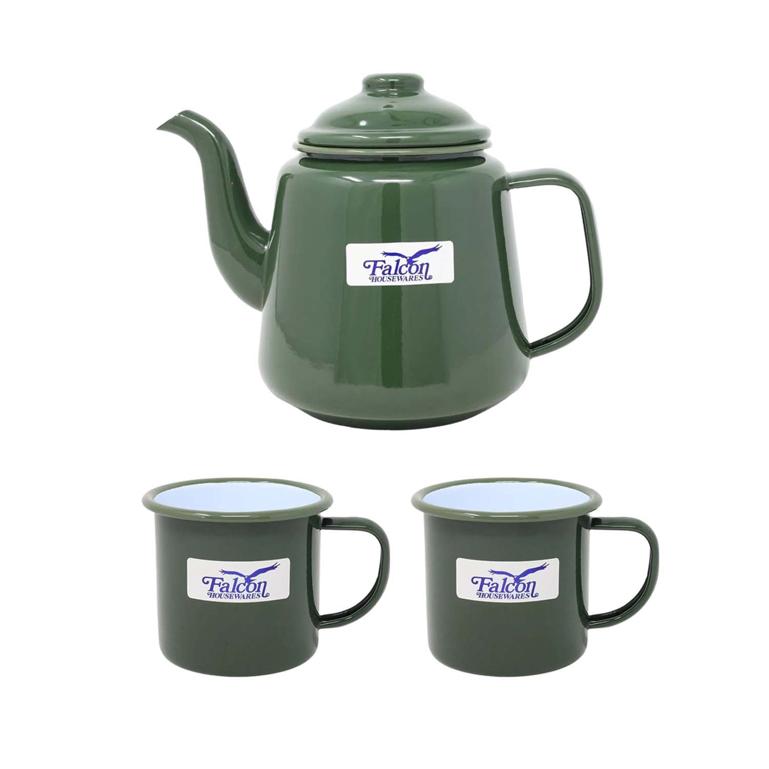 3pc Green Enamel Steel White Rim Teapot & Mug Set