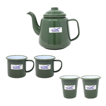 5pc Green Enamel Steel White Rim Teapot Mug Tumbler Set