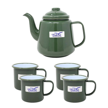 5pc Green Enamel Steel White Rim Teapot & Mug Set