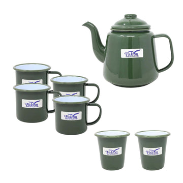 7pc Green Enamel Steel White Rim Teapot Mug Tumbler Set