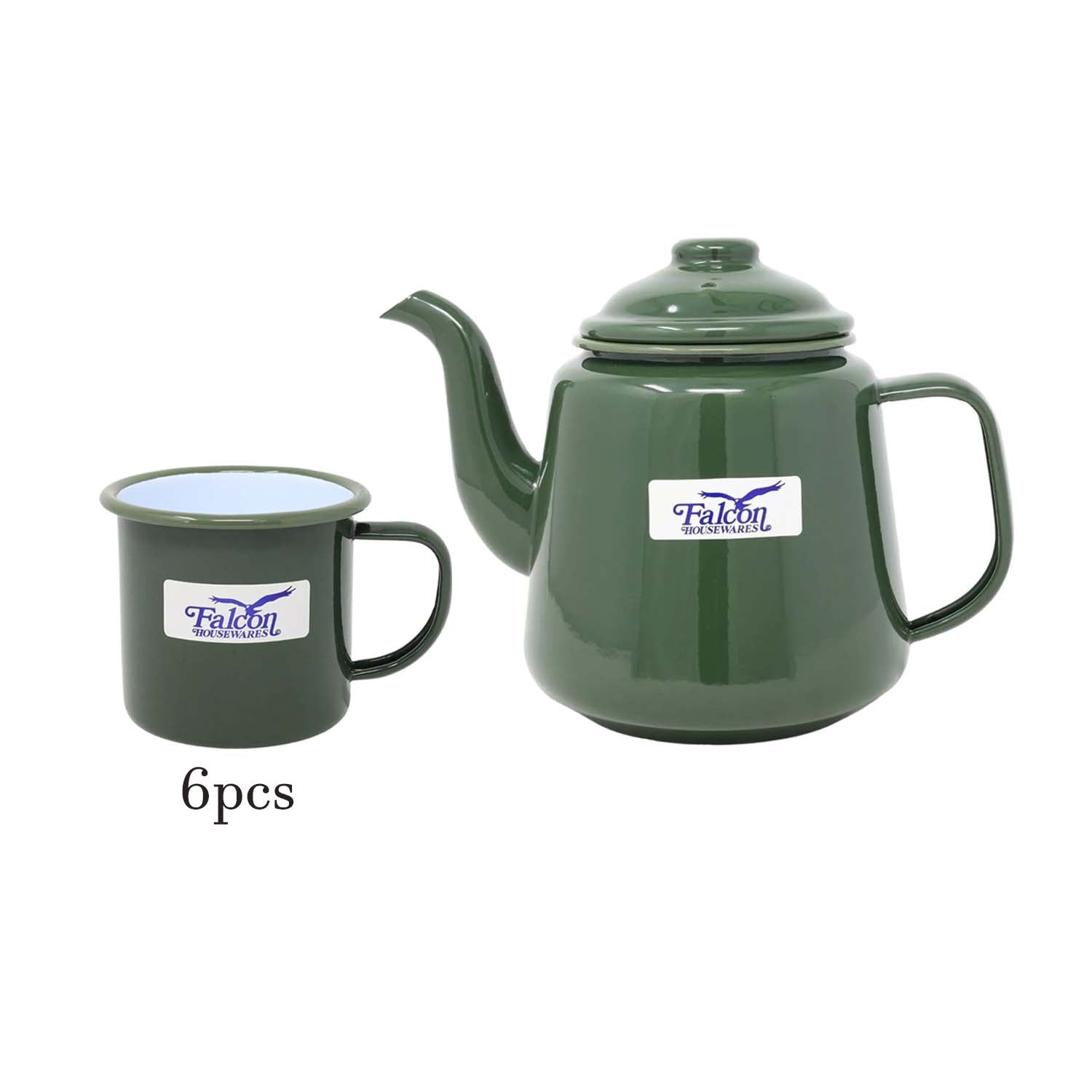 7pc Green Enamel Steel White Rim Teapot & Mug Set