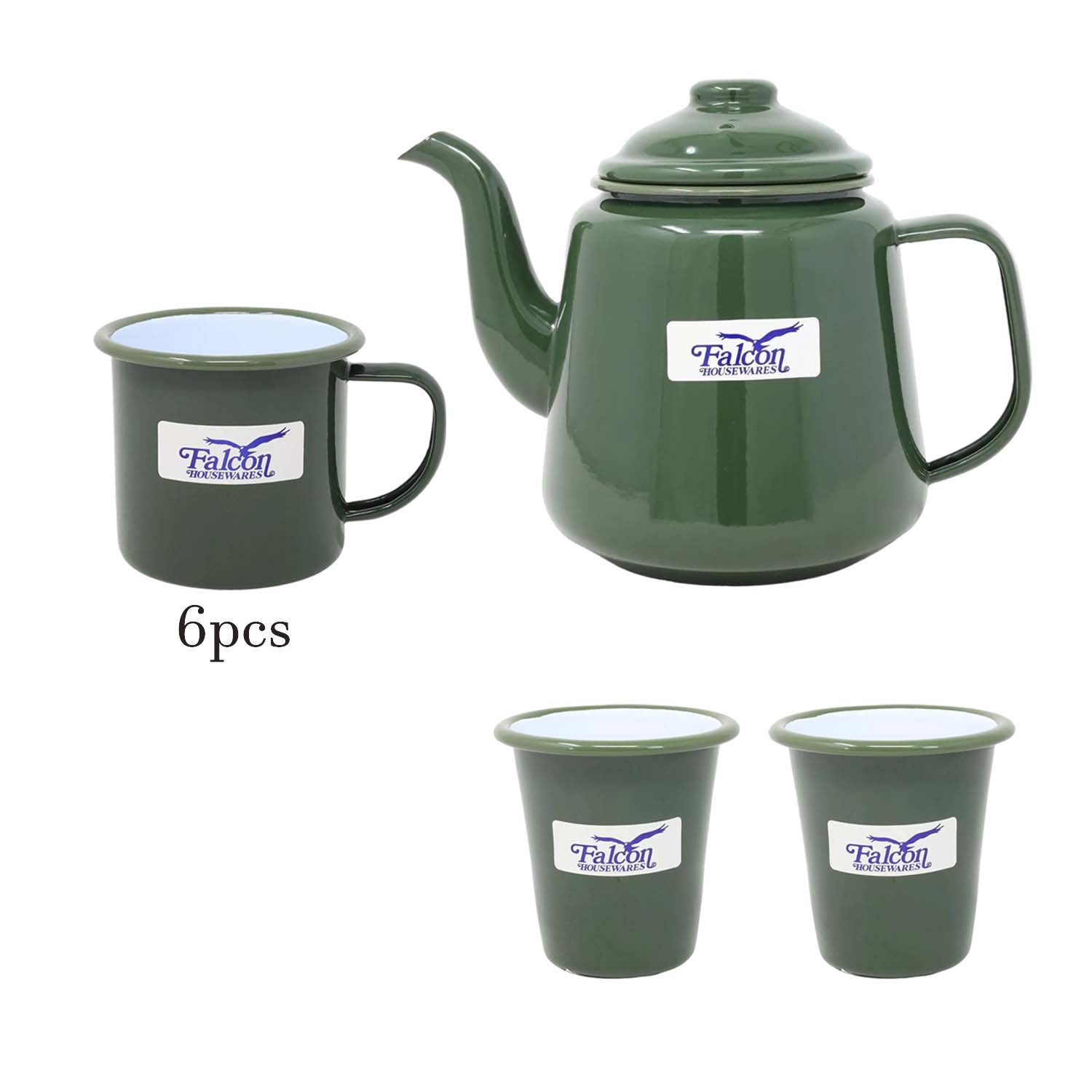 9pc Green Enamel Steel White Rim Teapot Mug Tumbler Set