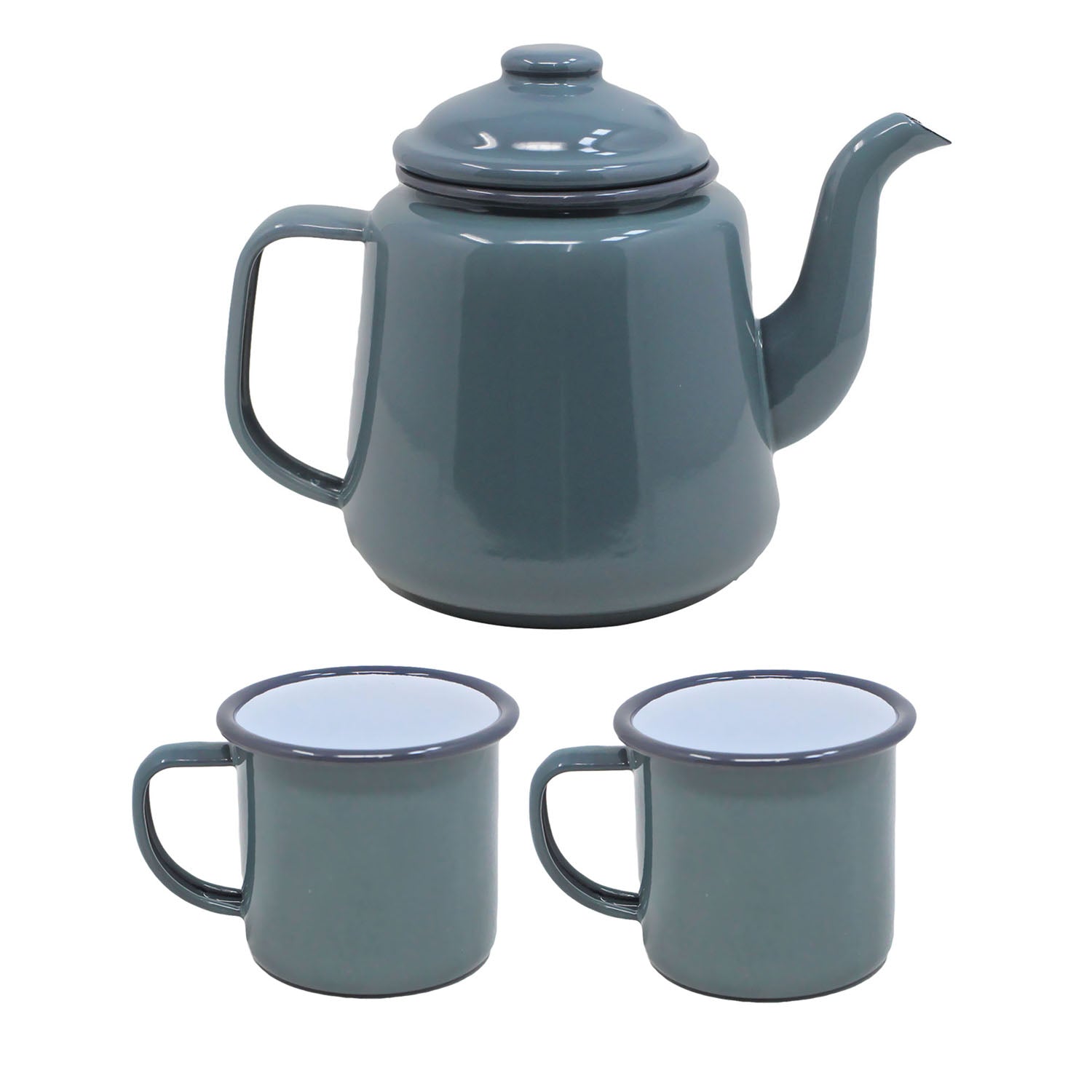 2pcs Falcon Grey Black Rim 350ml Enamel Mugs & Teapot