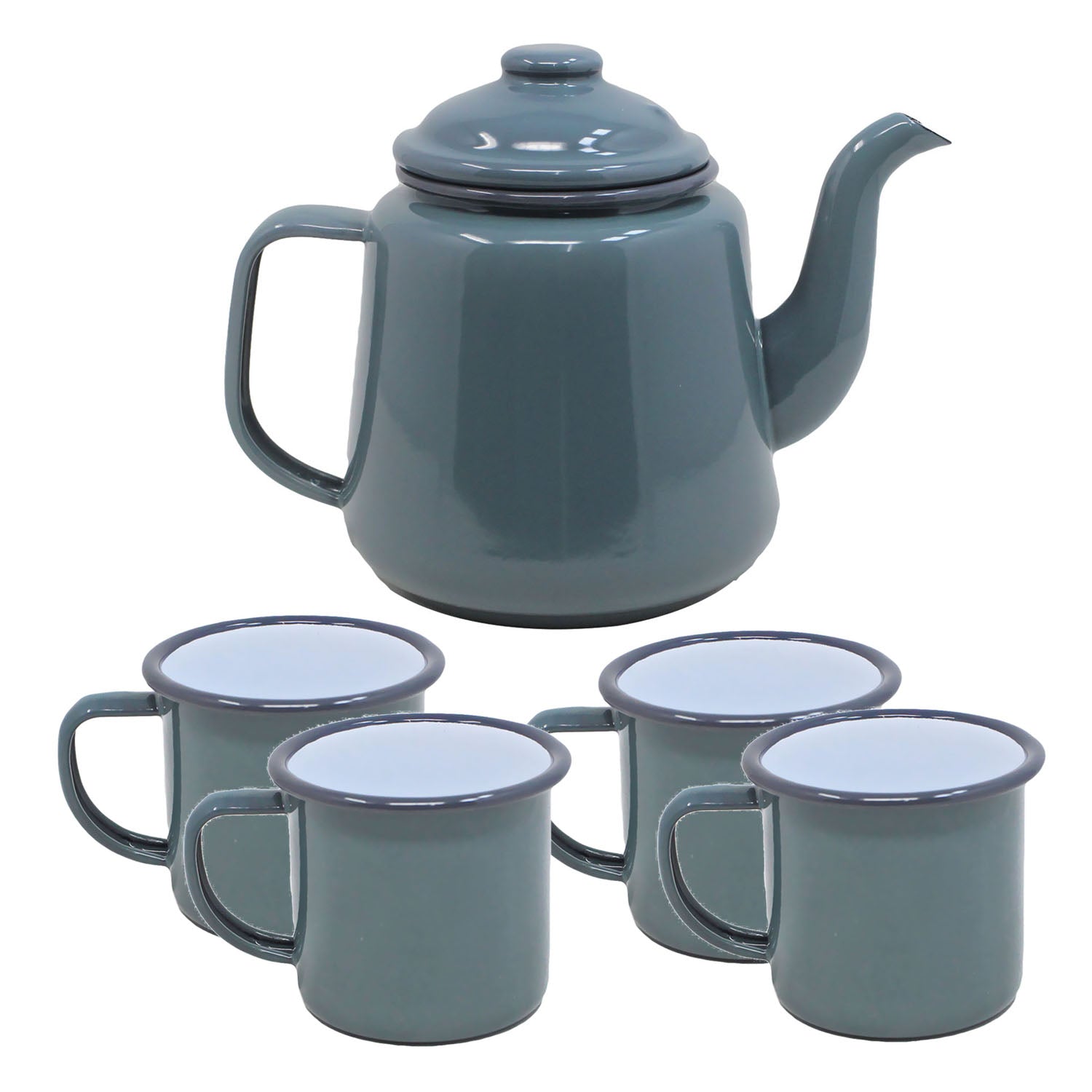 4pcs Falcon Grey Black Rim 350ml Enamel Mugs & Teapot