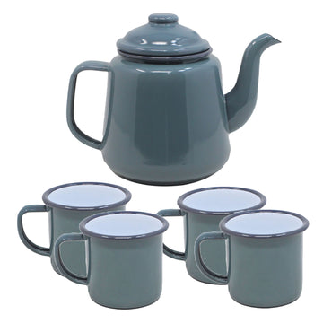 4pcs Falcon Grey Black Rim 350ml Enamel Mugs & Teapot