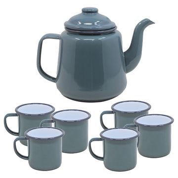 6pcs Falcon Grey Black Rim 350ml Enamel Mug & Teapot