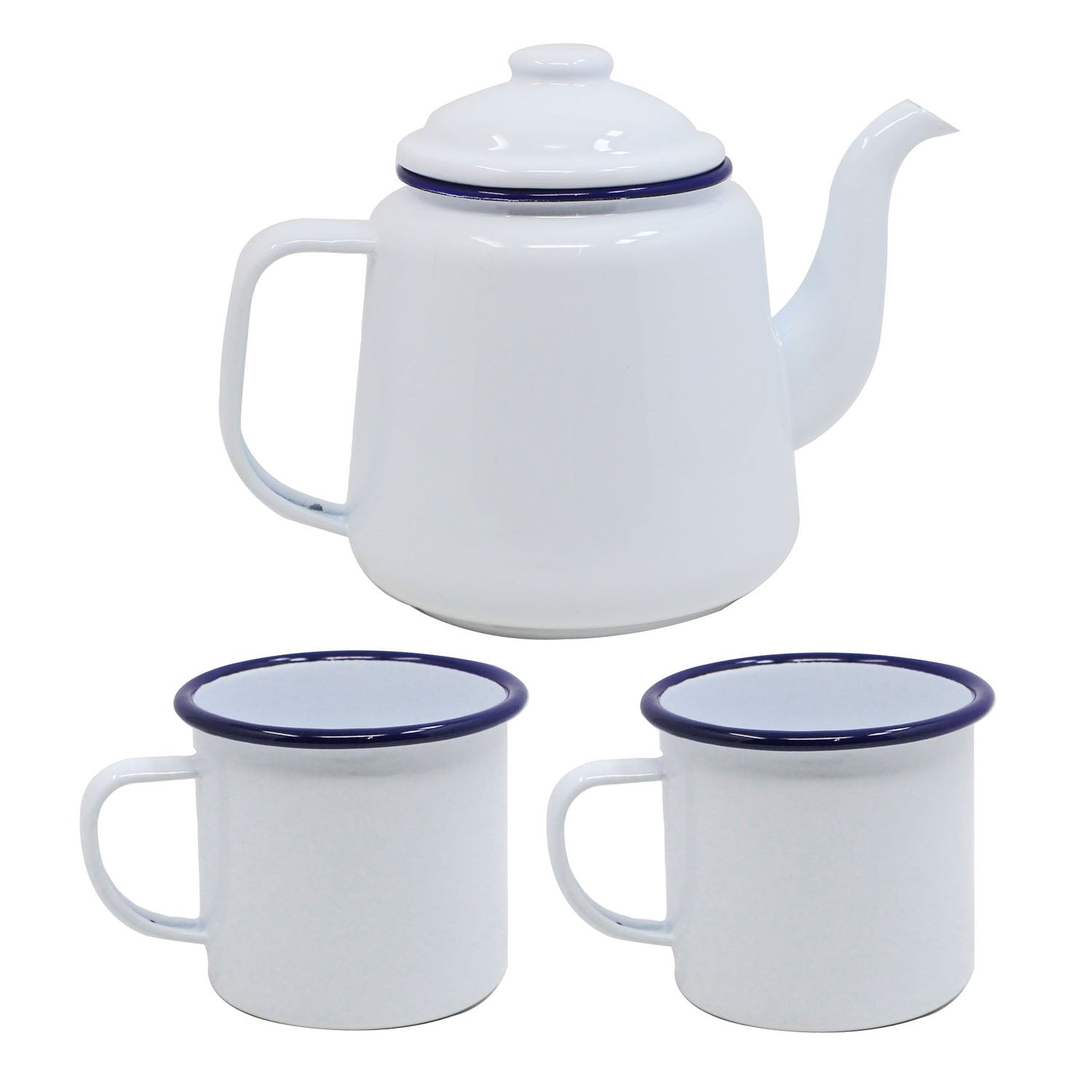 2pcs Falcon White Blue Rim 500ml Enamel Mug & Teapot