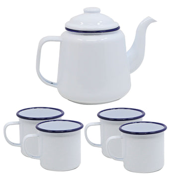 4pcs Falcon White Blue Rim 500ml Enamel Mug & Teapot