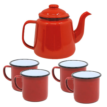 4pcs Falcon Red Black Rim 500ml Enamel Mug & Teapot