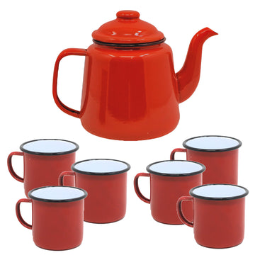 6pcs Falcon Red Black Rim 500ml Enamel Mugs & Teapot