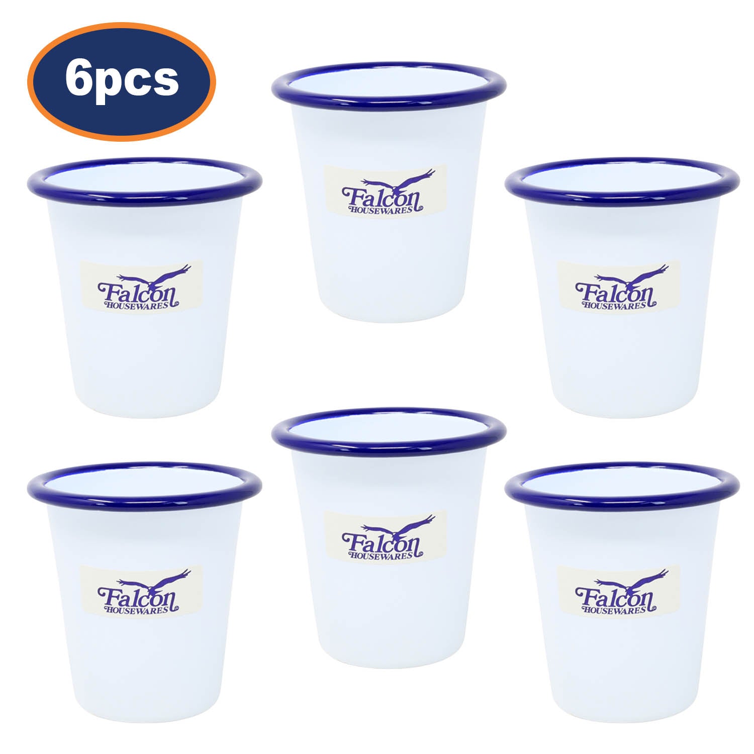 6Pcs 8cm White Enamel Tumblers with Blue Rim