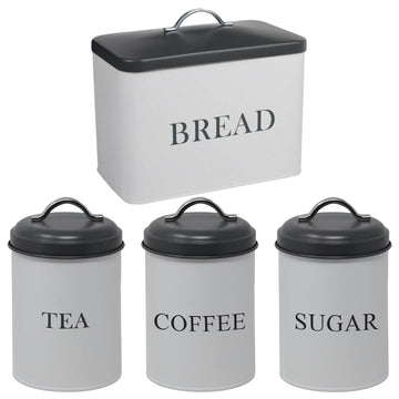 4pcs White & Grey Minimalist Tin Canisters w/ Airtight Lid